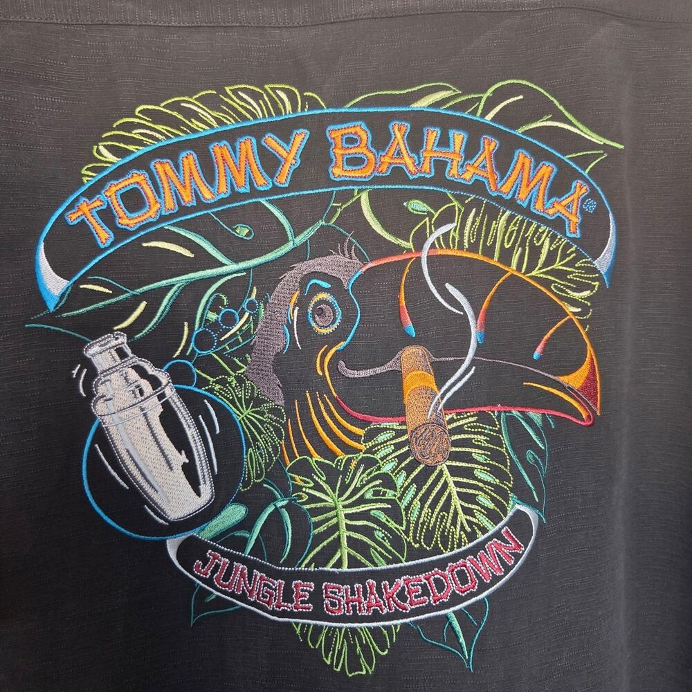Tommy Bahama Shirt M Black Jungle Shakedown Silk Embroidered Back Toucan Cigar